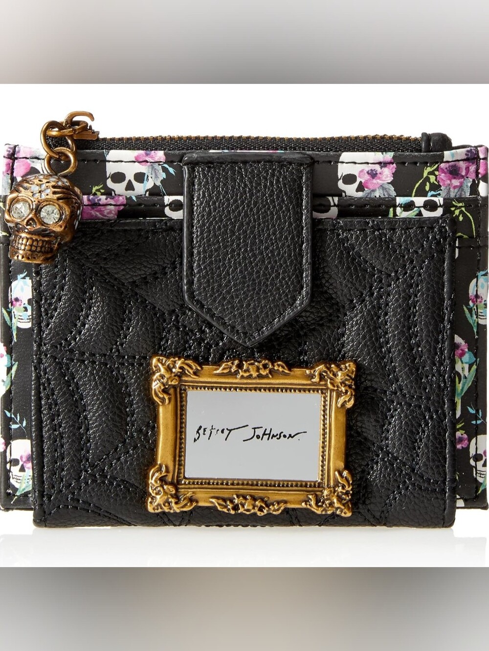Betsey Johnson Black Quilted Wallet with Floral Skull Lining